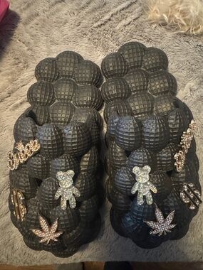 Kids Black Decorative Bubble Slide Sandals with Charms